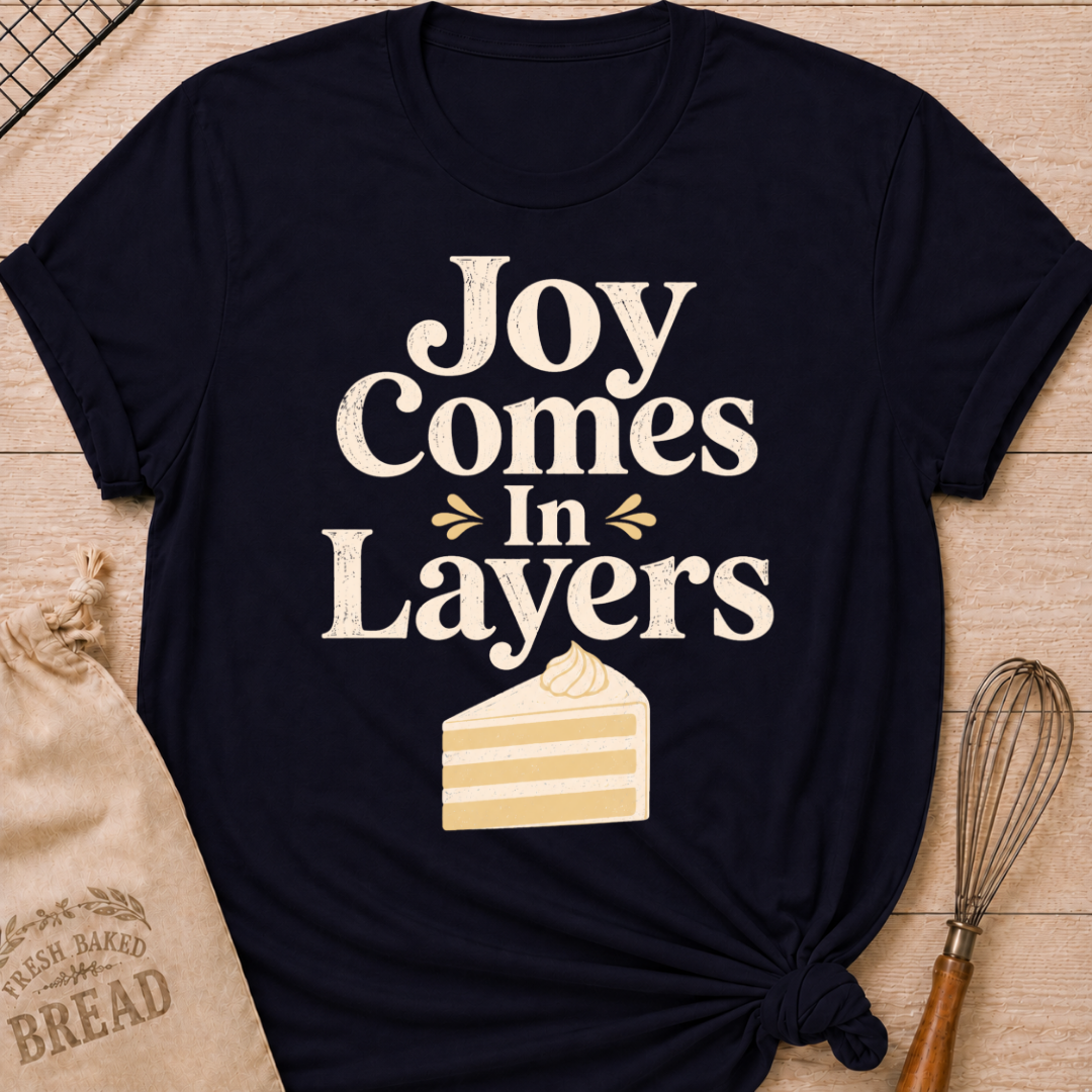 Navy Joy Comes in Layers women's relaxed fit tee with playful vintage lettering and a layered slice of cake