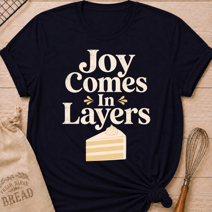 Navy Joy Comes in Layers women's relaxed fit tee with playful vintage lettering and a layered slice of cake