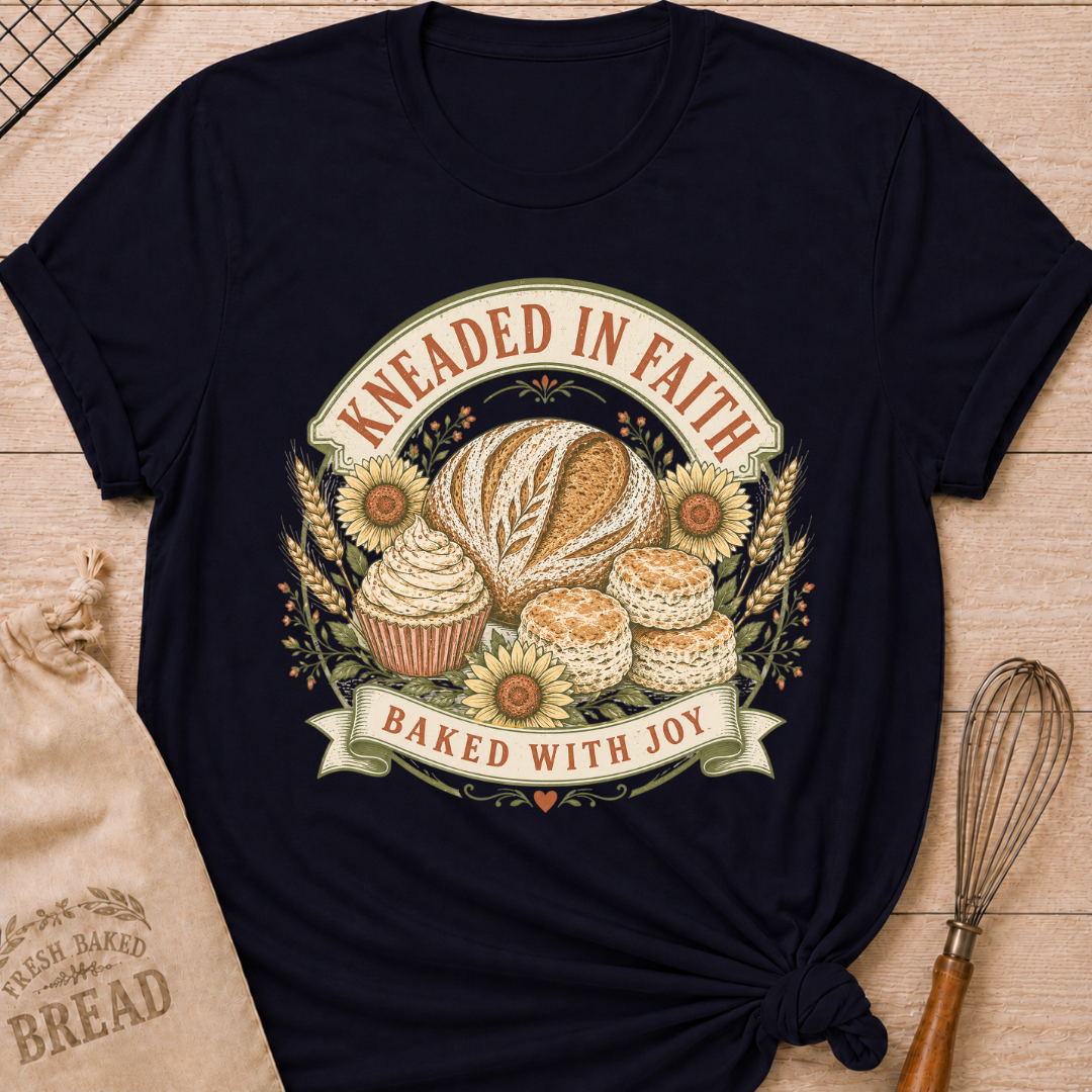 A navy graphic t-shirt styled with a knotted hem, laid flat on a light wood background with a drawstring bread bag and a whisk. The shirt features a vintage-inspired circular badge illustration with the words "Kneaded in Faith" arched across the top and "Baked with Joy" on a ribbon banner at the bottom. Inside the badge: a rustic artisan bread loaf, a frosted cupcake, and biscuits, surrounded by sunflowers, wheat stalks, and small floral accents, all rendered in warm cream, gold, and sage tones
