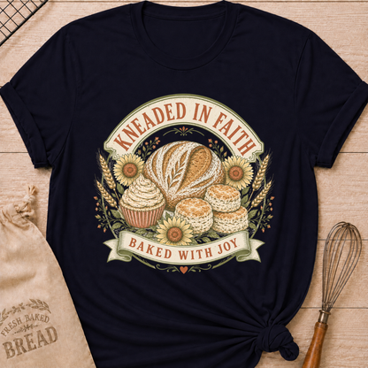 A navy graphic t-shirt styled with a knotted hem, laid flat on a light wood background with a drawstring bread bag and a whisk. The shirt features a vintage-inspired circular badge illustration with the words "Kneaded in Faith" arched across the top and "Baked with Joy" on a ribbon banner at the bottom. Inside the badge: a rustic artisan bread loaf, a frosted cupcake, and biscuits, surrounded by sunflowers, wheat stalks, and small floral accents, all rendered in warm cream, gold, and sage tones
