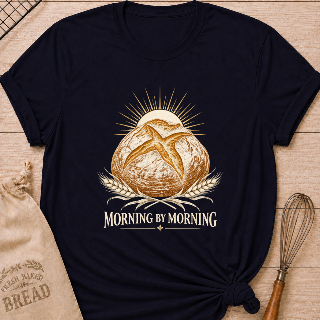 Navy women's relaxed fit tee with a rustic artisan loaf rising beneath a radiant sun, framed by golden wheat in a warm vintage style, above Morning by Morning lettering