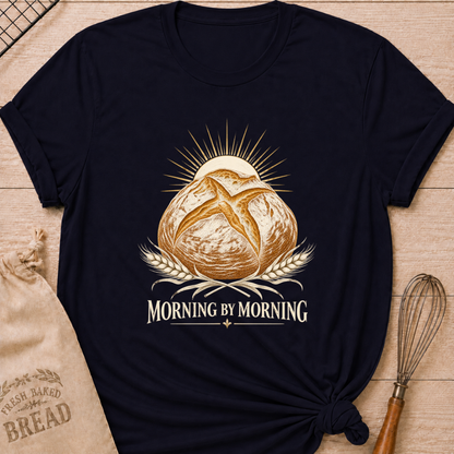 Navy women's relaxed fit tee with a rustic artisan loaf rising beneath a radiant sun, framed by golden wheat in a warm vintage style, above Morning by Morning lettering