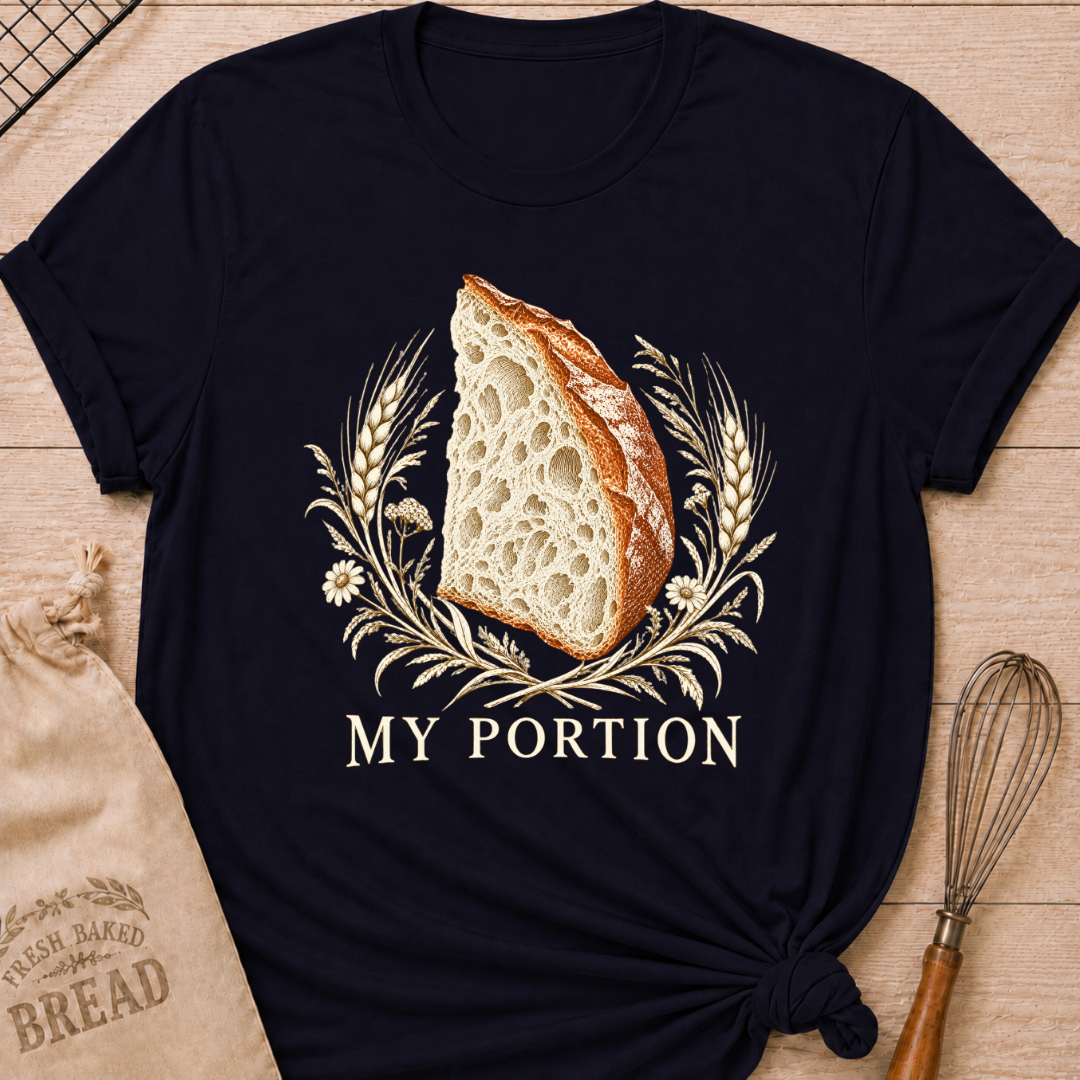 Navy women's relaxed fit tee with a detailed slice of artisan bread framed by wheat and delicate wildflowers in warm earthy tones, with My Portion lettering below