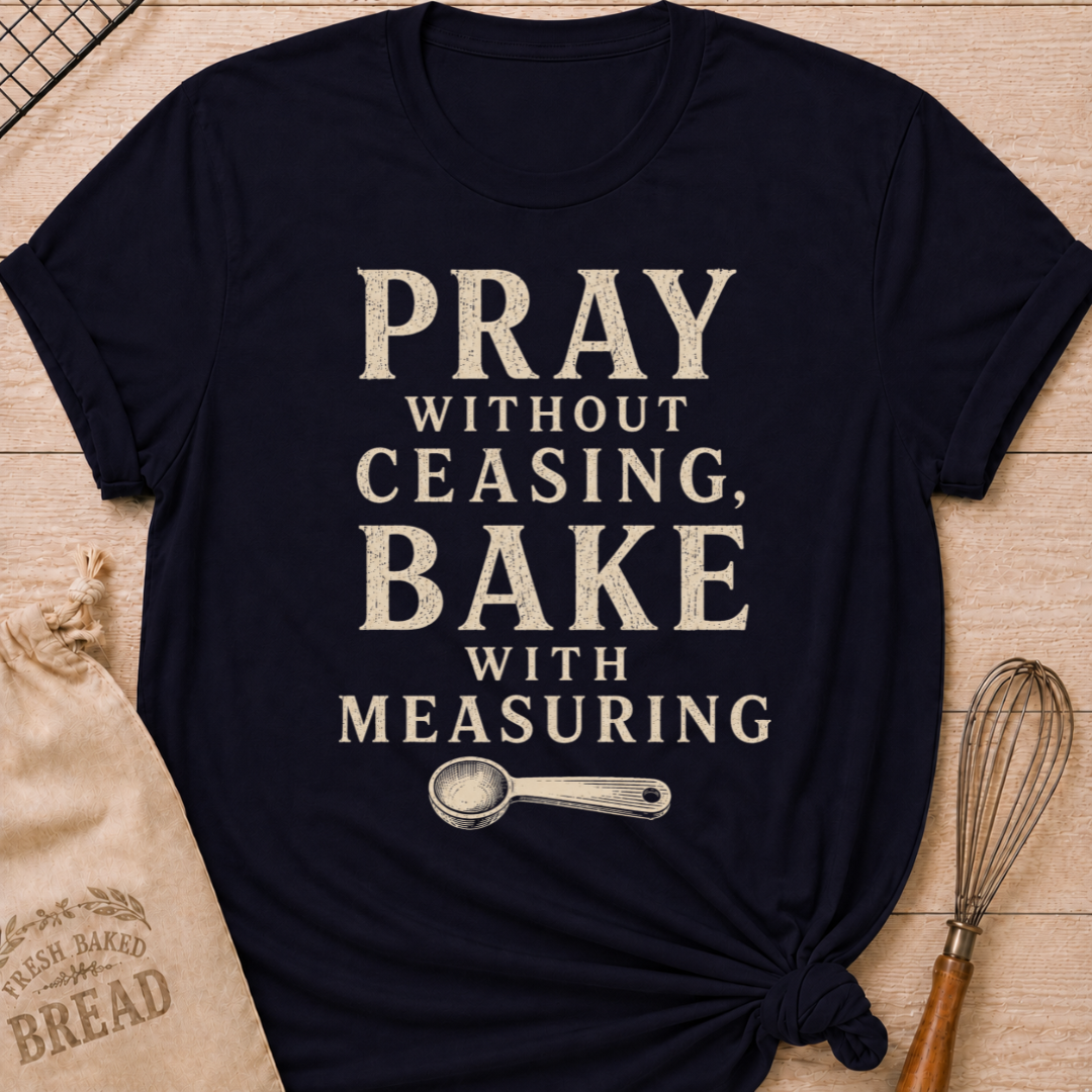 Navy Pray Without Ceasing, Bake With Measuring women's relaxed fit tee with bold vintage lettering and a measuring spoon