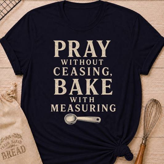 Navy Pray Without Ceasing, Bake With Measuring women's relaxed fit tee with bold vintage lettering and a measuring spoon