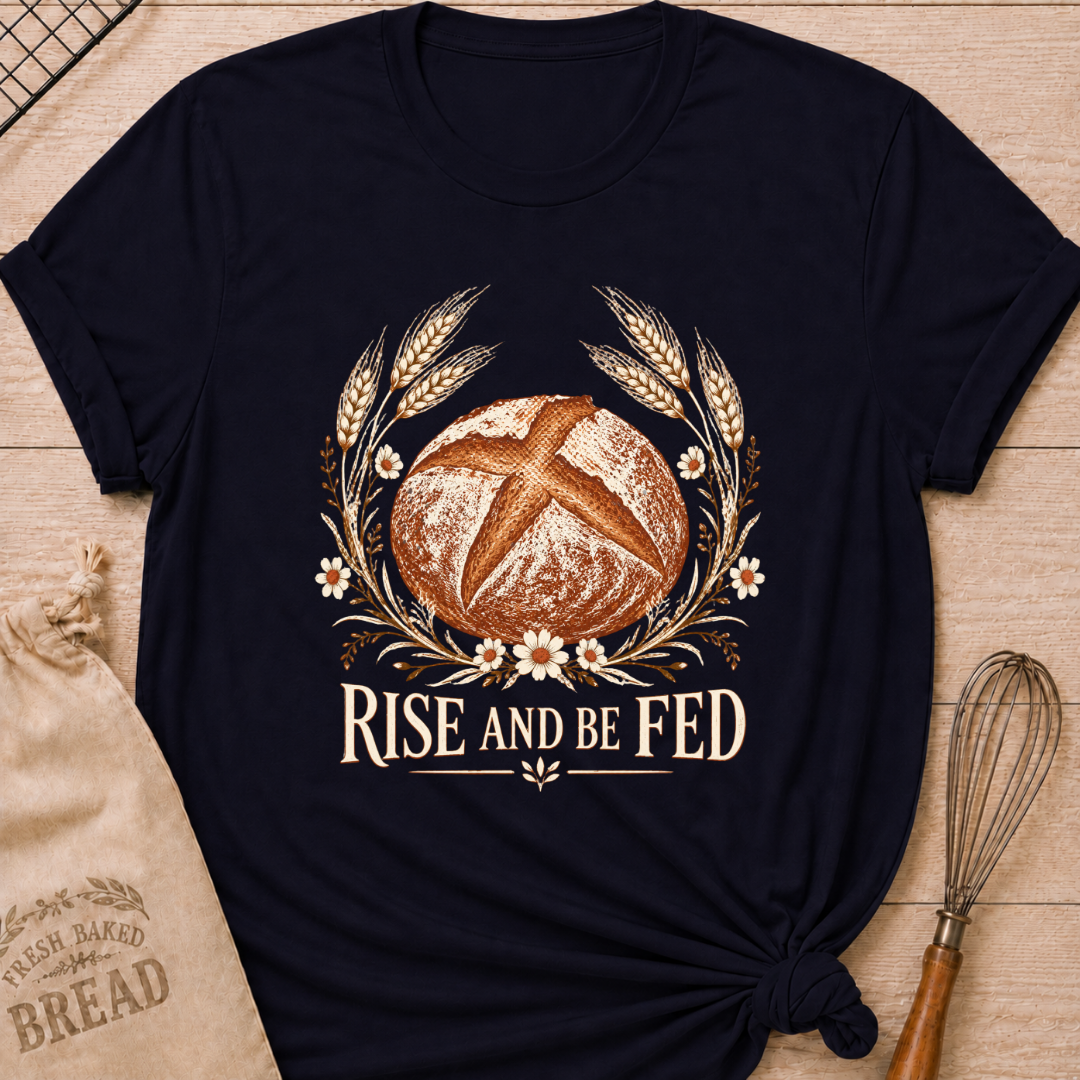 Navy women's relaxed fit tee with a detailed artisan loaf framed by wheat and delicate wildflowers in a soft vintage style, above Rise and Be Fed lettering