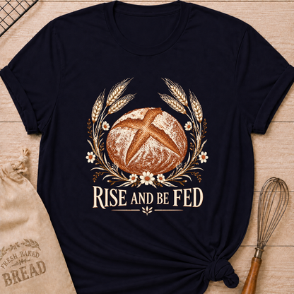 Navy women's relaxed fit tee with a detailed artisan loaf framed by wheat and delicate wildflowers in a soft vintage style, above Rise and Be Fed lettering