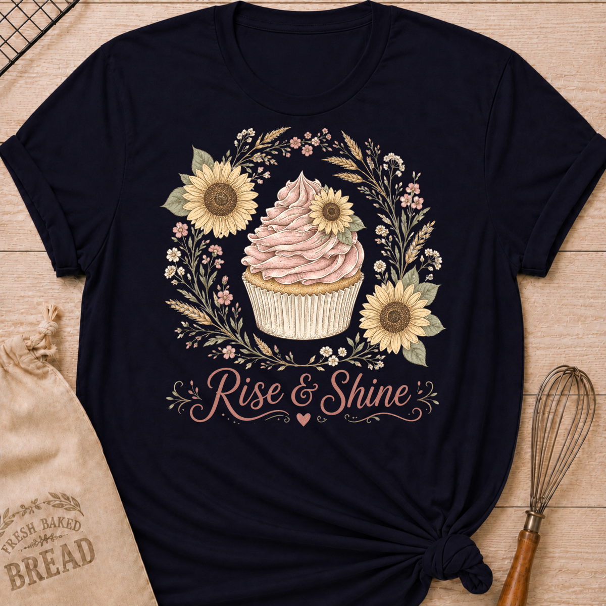 A navy blue graphic t-shirt laid flat on a light wood background, styled with a burlap bag and a whisk. The t-shirt features a central illustration of a pink frosted cupcake surrounded by sunflowers and floral elements, with the text 'Rise & Shine' written below.
