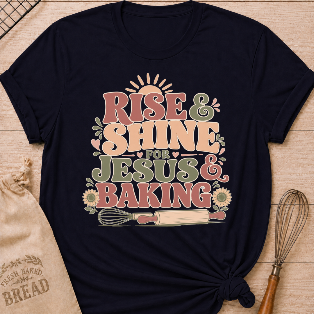 A Navy graphic t-shirt styled with a knotted hem, laid flat on a light wood background with a drawstring bread bag and a whisk. The shirt features a bold retro groovy graphic that reads "RISE & SHINE FOR JESUS & BAKING" in pink, cream, and sage lettering, with a rising sun at the top, heart accents, sunflowers, and illustrations of a whisk and rolling pin at the bottom.