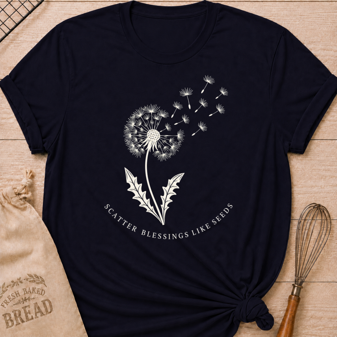 Navy women's relaxed fit t-shirt with a dandelion releasing its seeds and the words Scatter Blessings Like Seeds.