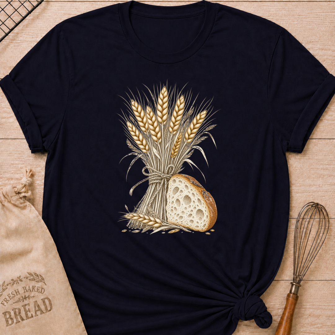 Navy women's relaxed fit tee with a hand-tied bundle of golden wheat beside a richly textured slice of artisan bread