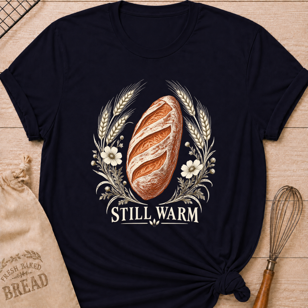 Navy women's relaxed fit tee with a freshly baked artisan loaf framed by wheat and soft wildflowers in an old world engraved style, with Still Warm lettering