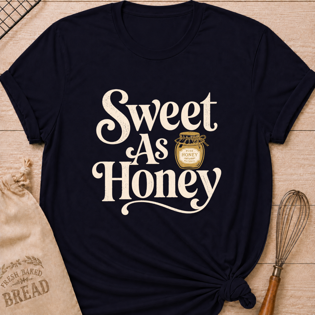 Navy women's relaxed fit t-shirt with the words Sweet as Honey in playful vintage lettering and a jar of golden honey.
