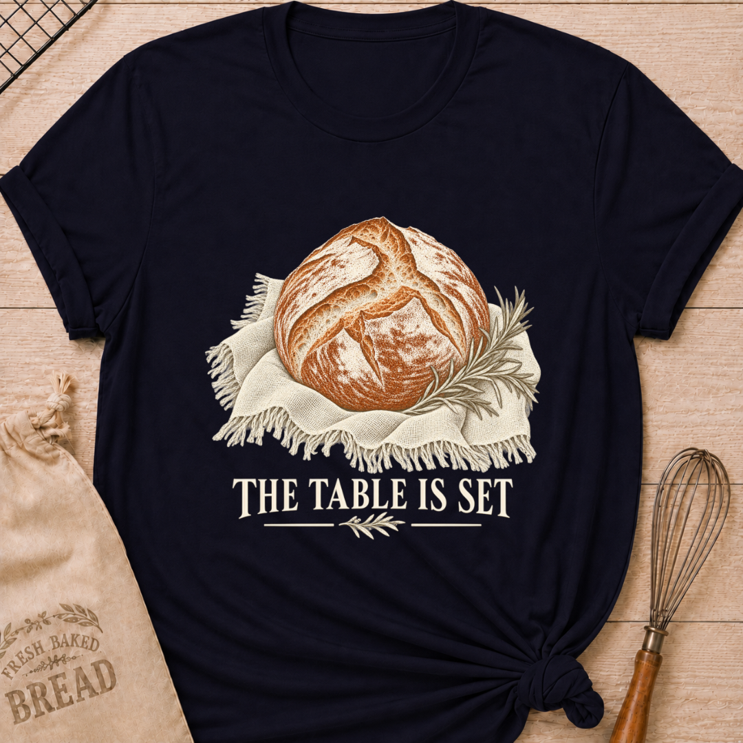 Navy women's relaxed fit tee with a rustic artisan loaf resting on softly draped linen with a rosemary sprig and The Table Is Set lettering