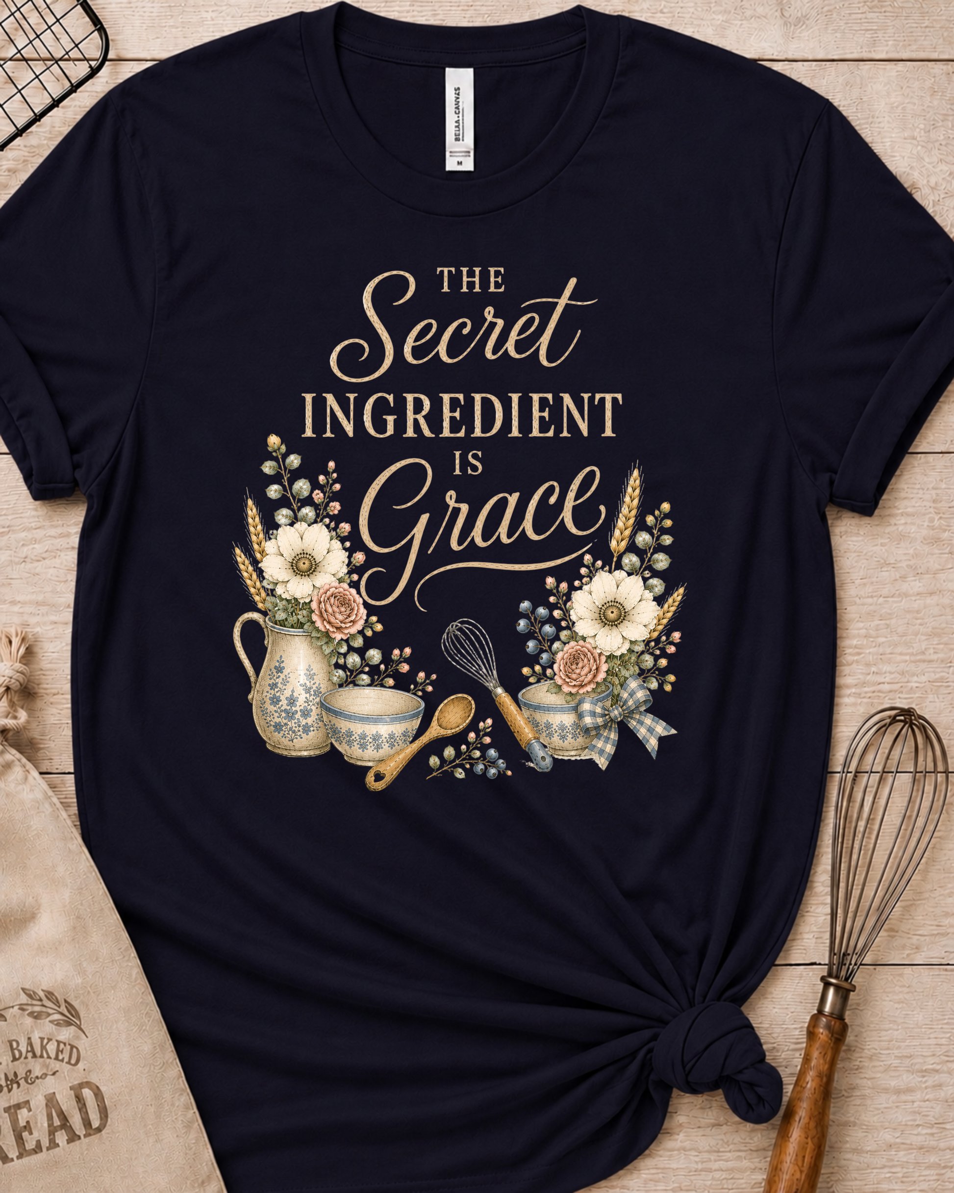 Navy women's relaxed fit t-shirt reading The Secret Ingredient is Grace, framed by a floral pitcher, mixing bowls, a whisk, and a wooden spoon.
