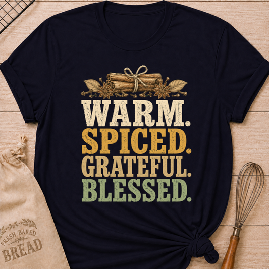 Navy women's relaxed fit tee with bold vintage Warm Spiced Grateful Blessed lettering, cinnamon sticks, star anise and cloves in a fall palette