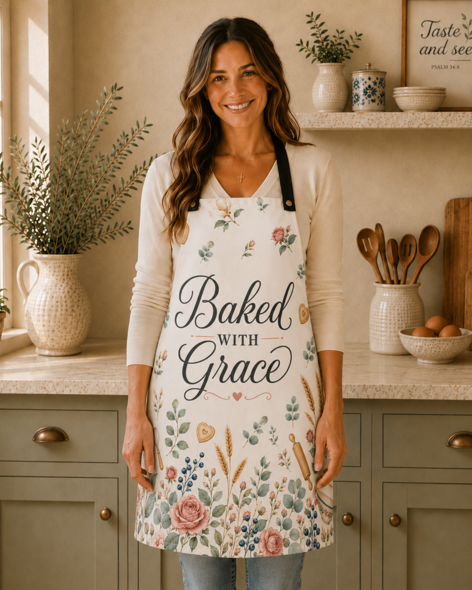 The Baked with Grace floral apron in cream, printed with pink roses, eucalyptus, wheat, and baking tools around Baked with Grace in dark script, finished with black adjustable straps.
