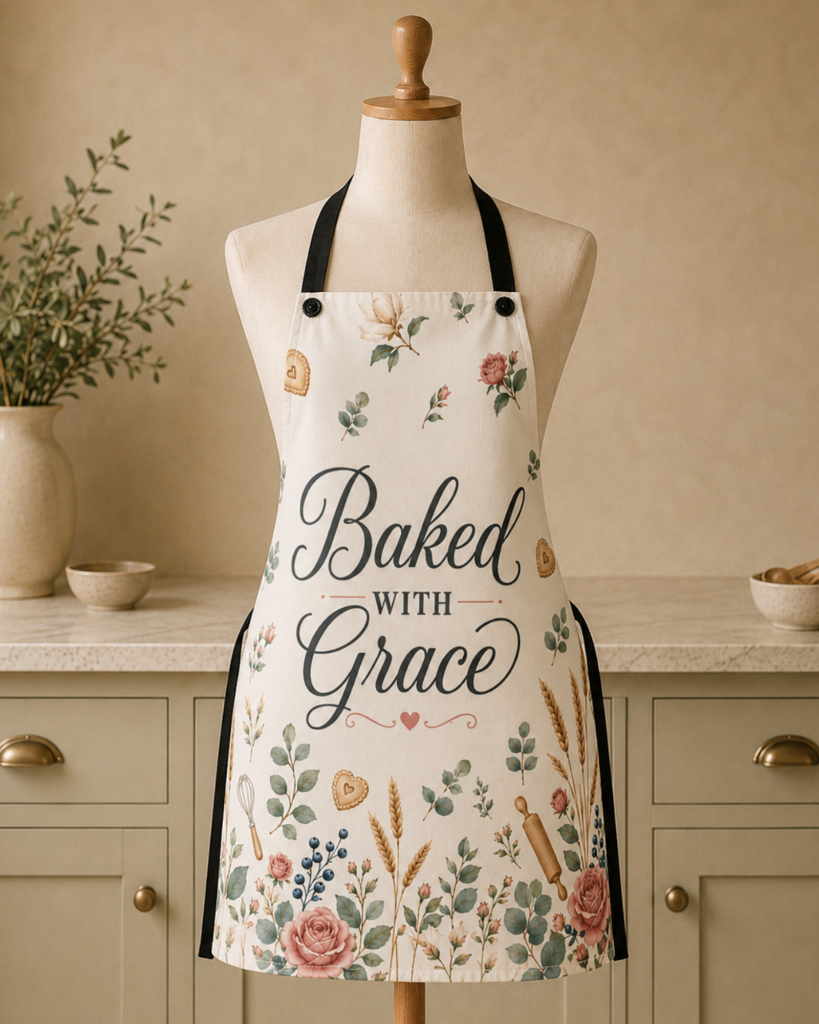 The Baked with Grace floral apron in cream, printed with pink roses, eucalyptus, wheat, and baking tools around Baked with Grace in dark script, finished with black adjustable straps.
