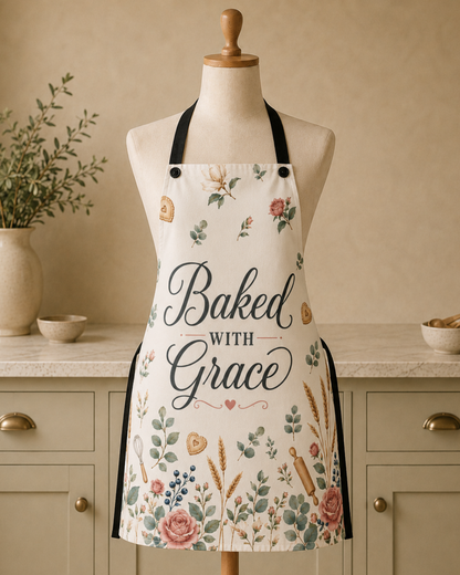 The Baked with Grace floral apron in cream, printed with pink roses, eucalyptus, wheat, and baking tools around Baked with Grace in dark script, finished with black adjustable straps.