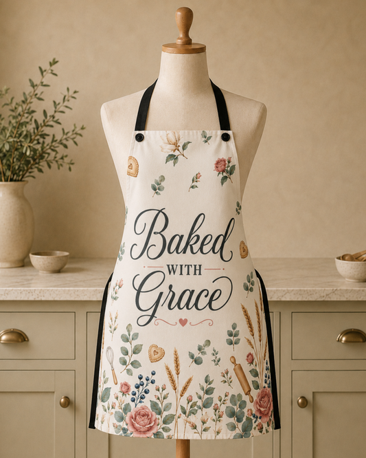 The Baked with Grace floral apron in cream, printed with pink roses, eucalyptus, wheat, and baking tools around Baked with Grace in dark script, finished with black adjustable straps.
