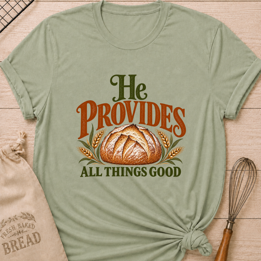 Sage women's relaxed fit tee with a rustic artisan loaf framed by golden wheat and earthy vintage He Provides All Things Good lettering