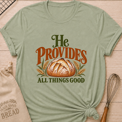 Sage women's relaxed fit tee with a rustic artisan loaf framed by golden wheat and earthy vintage He Provides All Things Good lettering
