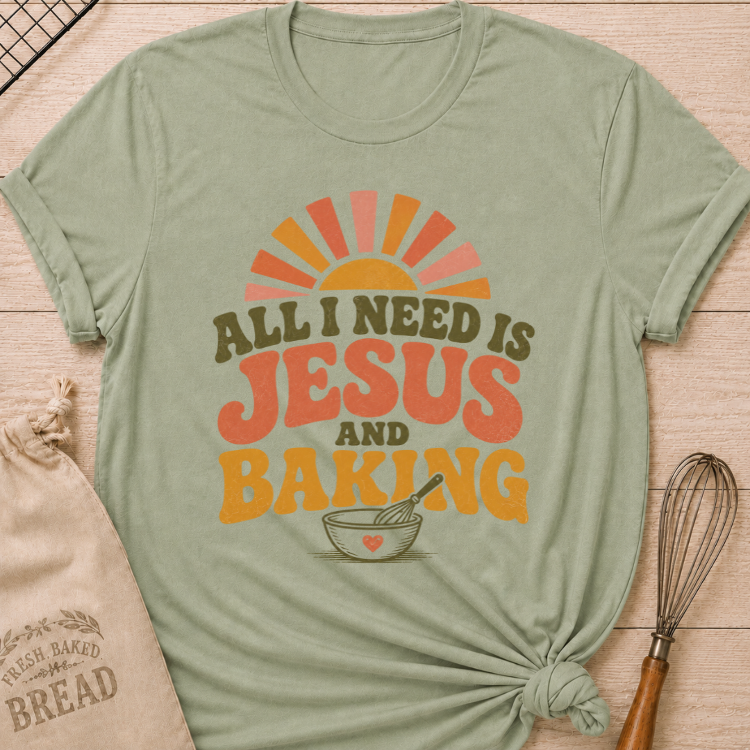 Sage All I Need Is Jesus and Baking women's relaxed fit tee with bold retro lettering, a rising sun, mixing bowl, and whisk