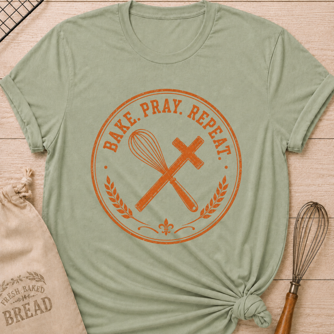 Sage green women's relaxed fit t-shirt with the words Bake. Pray. Repeat. inside a vintage bakery emblem with a classic whisk, a rolling pin, and wheat details.