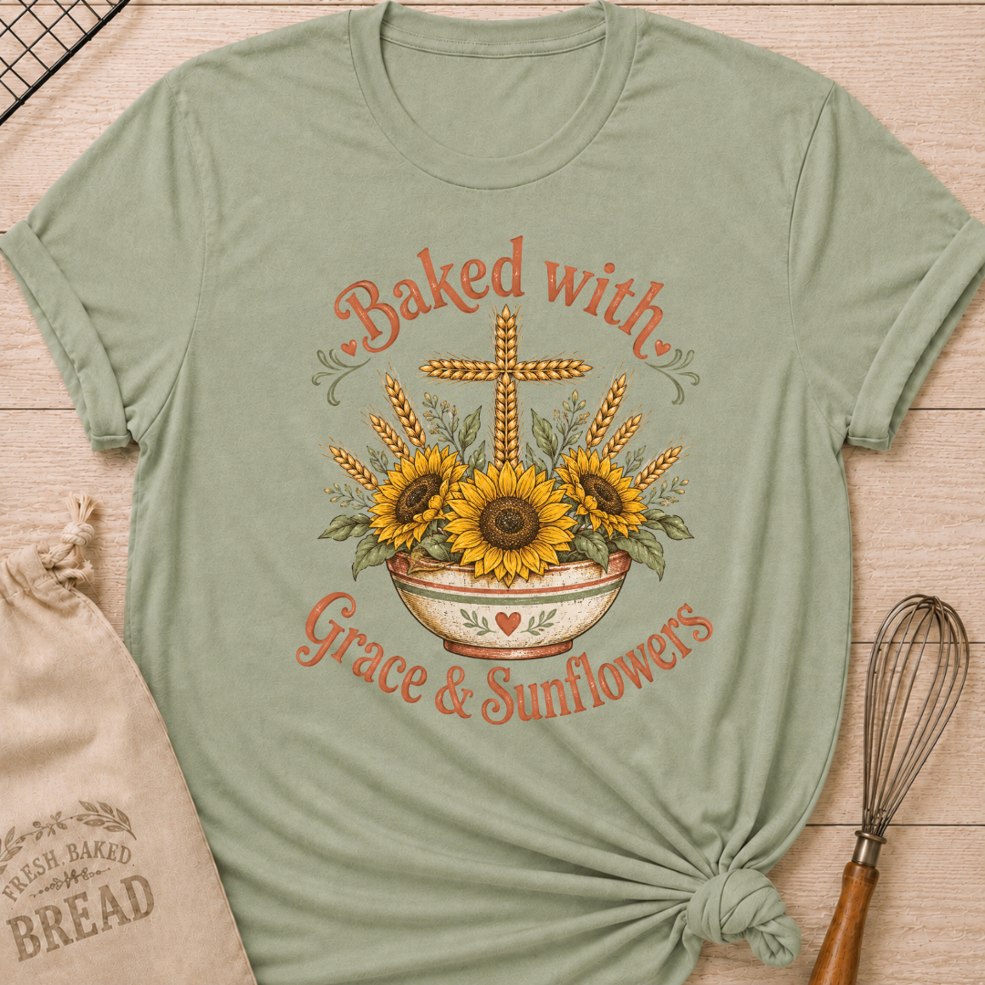 A sage green short-sleeve t-shirt with a 'Baked with Grace & Sunflowers' graphic featuring sunflowers, wheat, and a cross, styled flat-lay on a wooden surface with a bread bag and whisk.