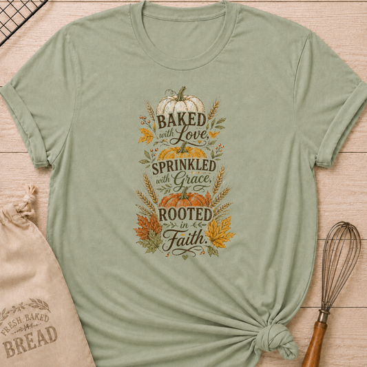 Sage women's relaxed fit tee with graceful vintage Baked With Love, Sprinkled With Grace, Rooted in Faith lettering layered with pumpkins, golden wheat and colorful fall leaves