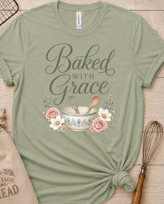 Sage green women's relaxed fit t-shirt with Baked with Grace in script surrounded by soft blue watercolor florals.