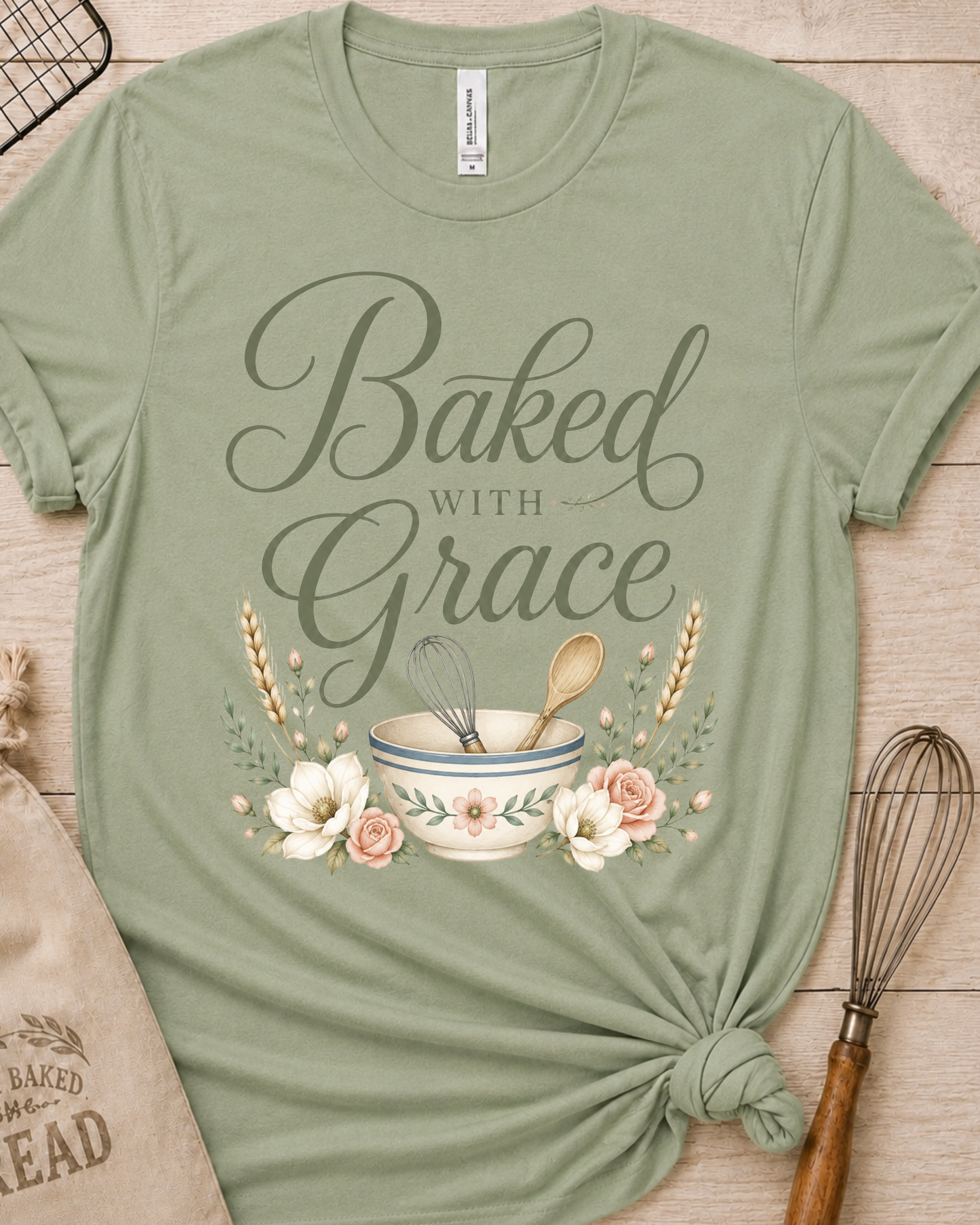 Sage green women's relaxed fit t-shirt with Baked with Grace in script surrounded by golden wheat stalks and soft watercolor florals.