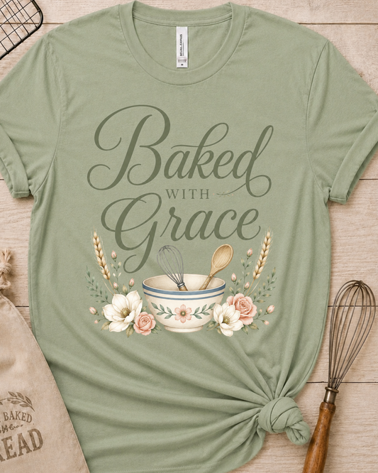Sage green women's relaxed fit t-shirt with Baked with Grace in script surrounded by golden wheat stalks and soft watercolor florals.