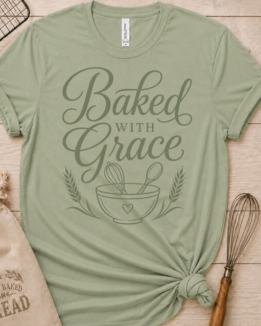 Sage green women's relaxed fit t-shirt with Baked with Grace in green script above a mixing bowl with a whisk and wooden spoon.