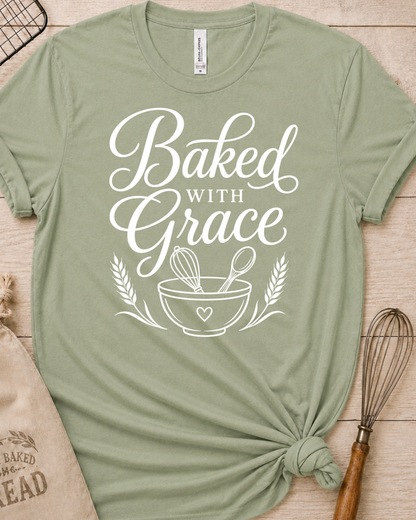 Sage green women's relaxed fit t-shirt with Baked with Grace in white script above a mixing bowl with a whisk and wooden spoon.
