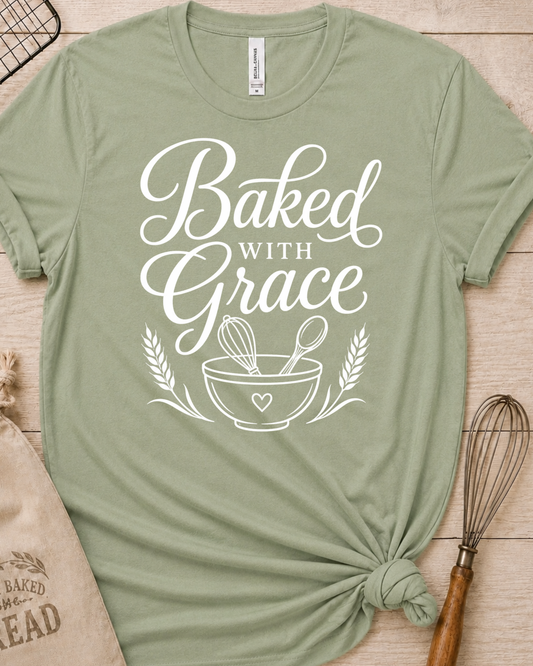 Sage green women's relaxed fit t-shirt with Baked with Grace in white script above a mixing bowl with a whisk and wooden spoon.