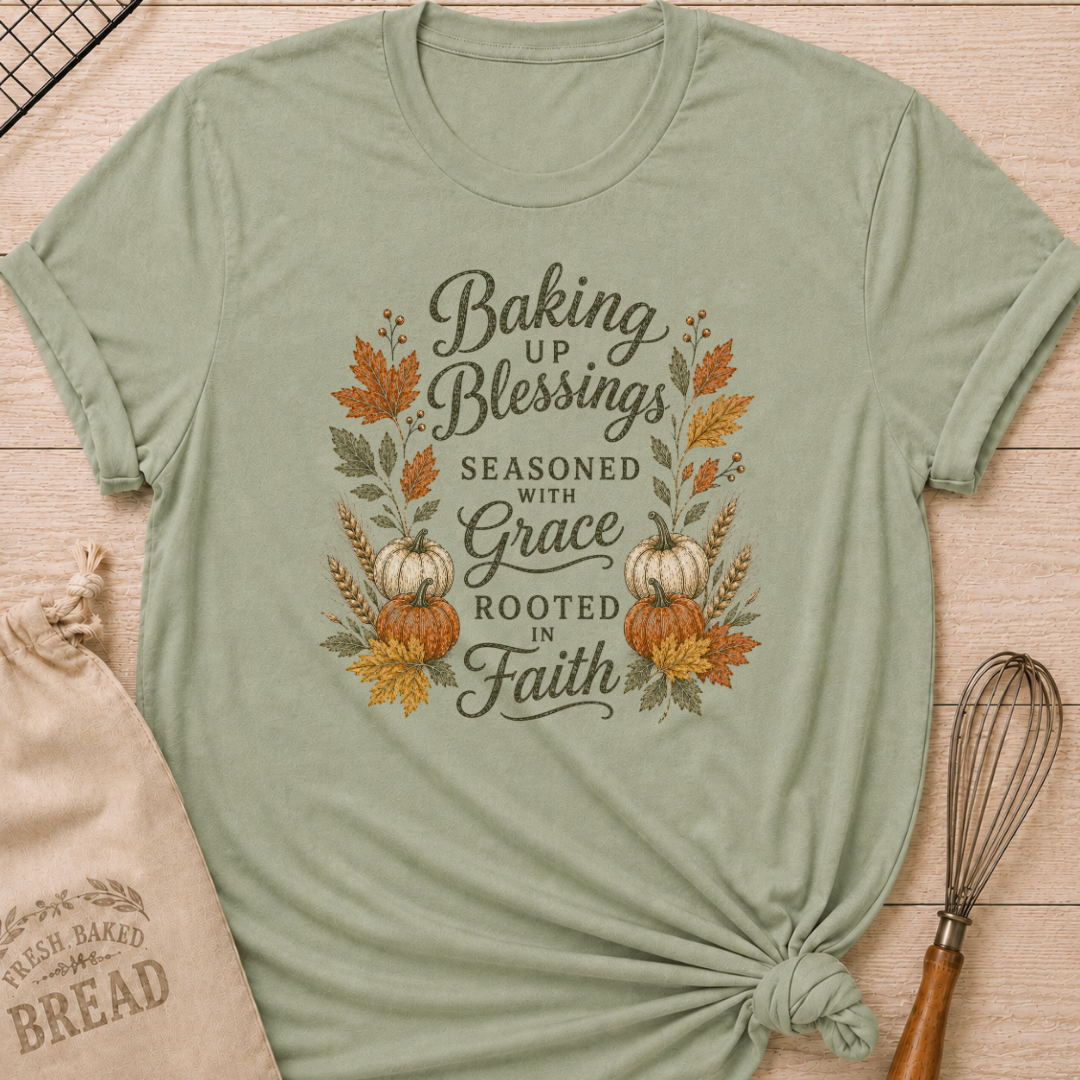 Sage women's relaxed fit tee with elegant vintage Baking Up Blessings, Seasoned With Grace, Rooted in Faith lettering framed by ivory and orange pumpkins, golden wheat and richly colored fall leaves