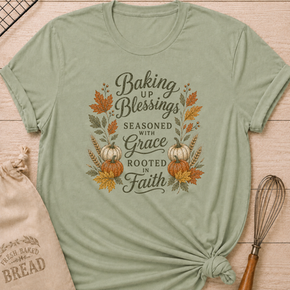 Sage women's relaxed fit tee with elegant vintage Baking Up Blessings, Seasoned With Grace, Rooted in Faith lettering framed by ivory and orange pumpkins, golden wheat and richly colored fall leaves