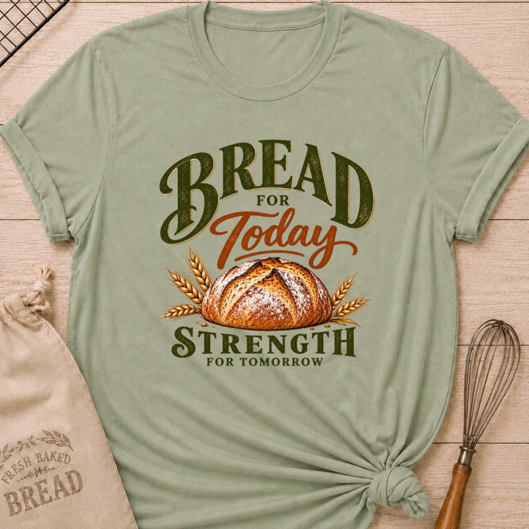 Sage women's relaxed fit tee with a golden artisan loaf and wheat in rich earthy tones, with bold vintage Bread for Today, Strength for Tomorrow lettering