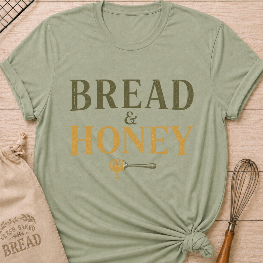 Sage Bread and Honey women's relaxed fit tee with vintage lettering and a dripping honey dipper