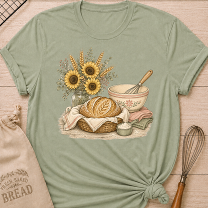 Sage Bread and Sunflower Bouquet women's relaxed fit tee with a rustic artisan loaf, a vintage mixing bowl, and a bouquet of sunflowers and wheat