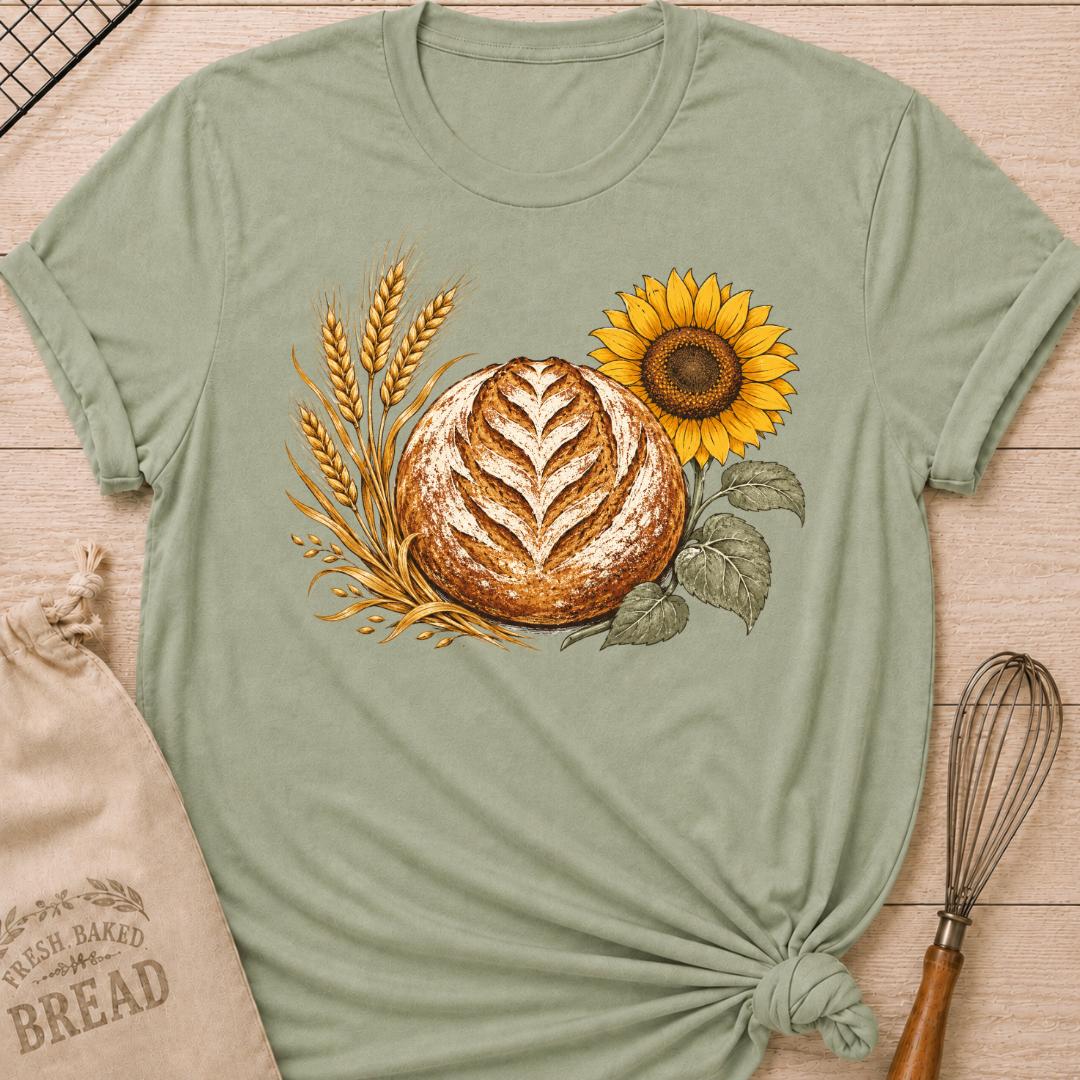 Sage Bread, Wheat and Sunflower women's relaxed fit tee with a hand-scored artisan loaf, golden wheat, and a sunflower