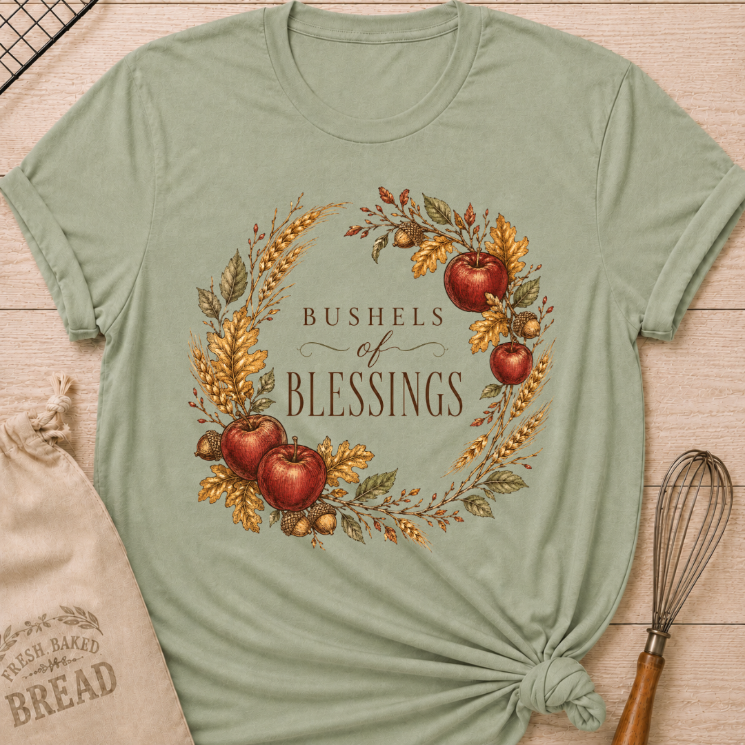 Sage women's relaxed fit tee with a vintage wreath of apples, wheat, acorns and fall leaves