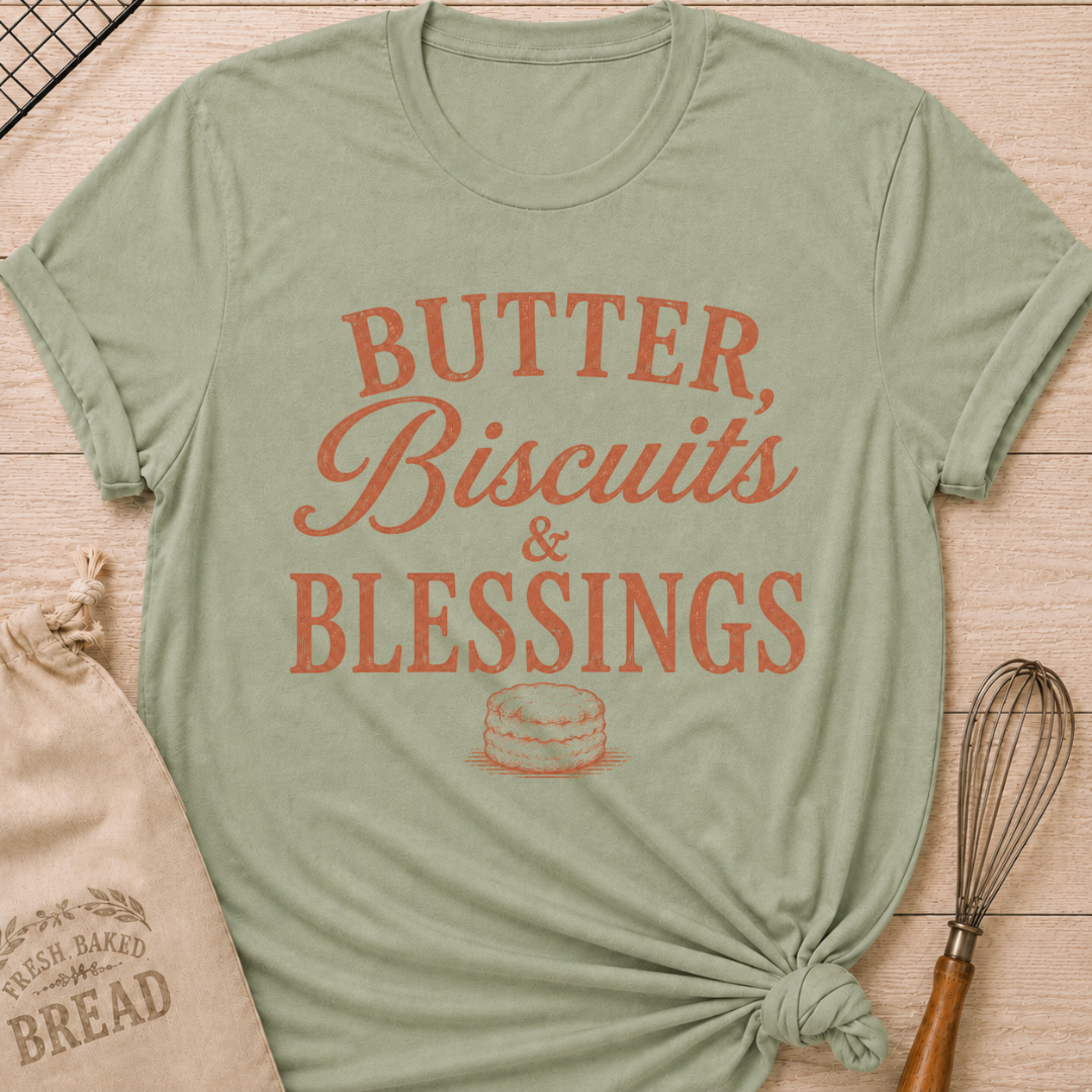 Sage Butter, Biscuits and Blessings women's relaxed fit tee with vintage typography and a classic biscuit illustration