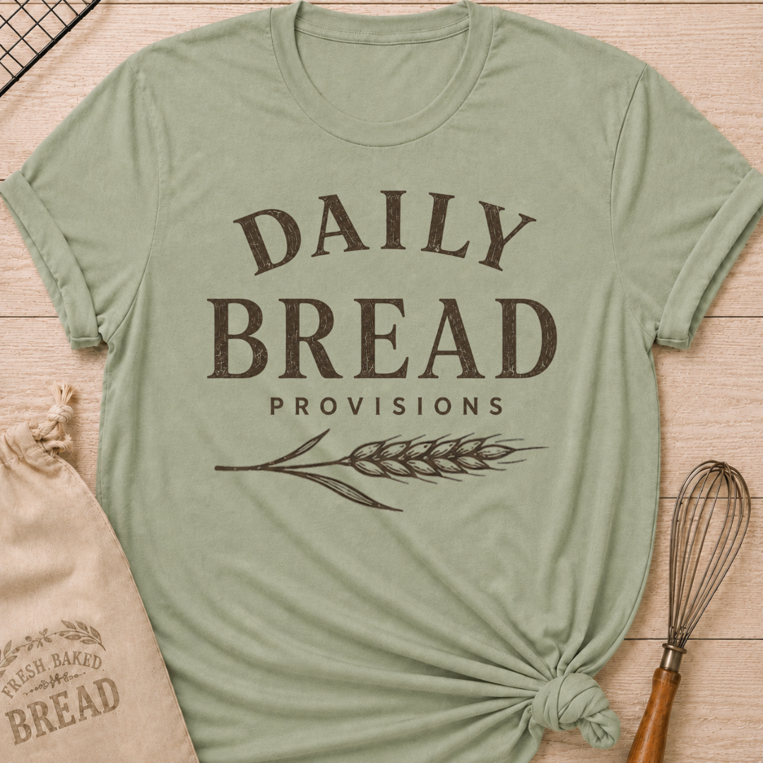 Sage Daily Bread Provisions women's relaxed fit tee with bold vintage lettering and a classic wheat stalk