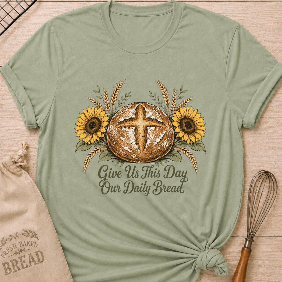 Sage green women's relaxed fit tee with a rustic sourdough loaf, golden wheat, and yellow sunflowers, reading Give Us This Day Our Daily Bread