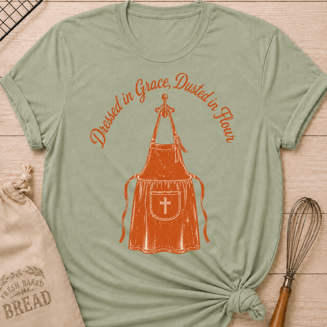 Sage green women's relaxed fit t-shirt with the words Dressed in Grace, Dusted in Flour on a vintage apron with a stitched cross pocket.