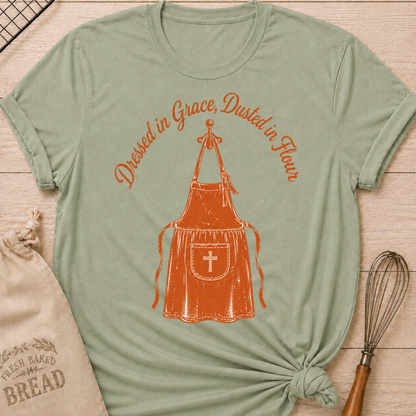 Sage green women's relaxed fit t-shirt with the words Dressed in Grace, Dusted in Flour on a vintage apron with a stitched cross pocket.