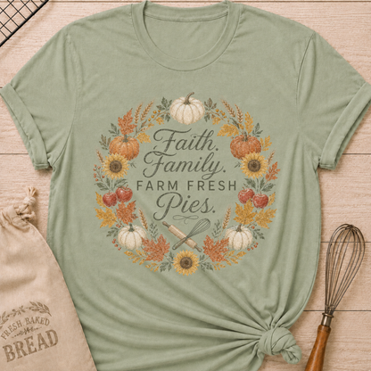 Women's relaxed fit graphic tee in Sage with "Faith, Family, Farm Fresh Pies" design, featuring warm farmhouse-inspired typography on a soft muted green shirt