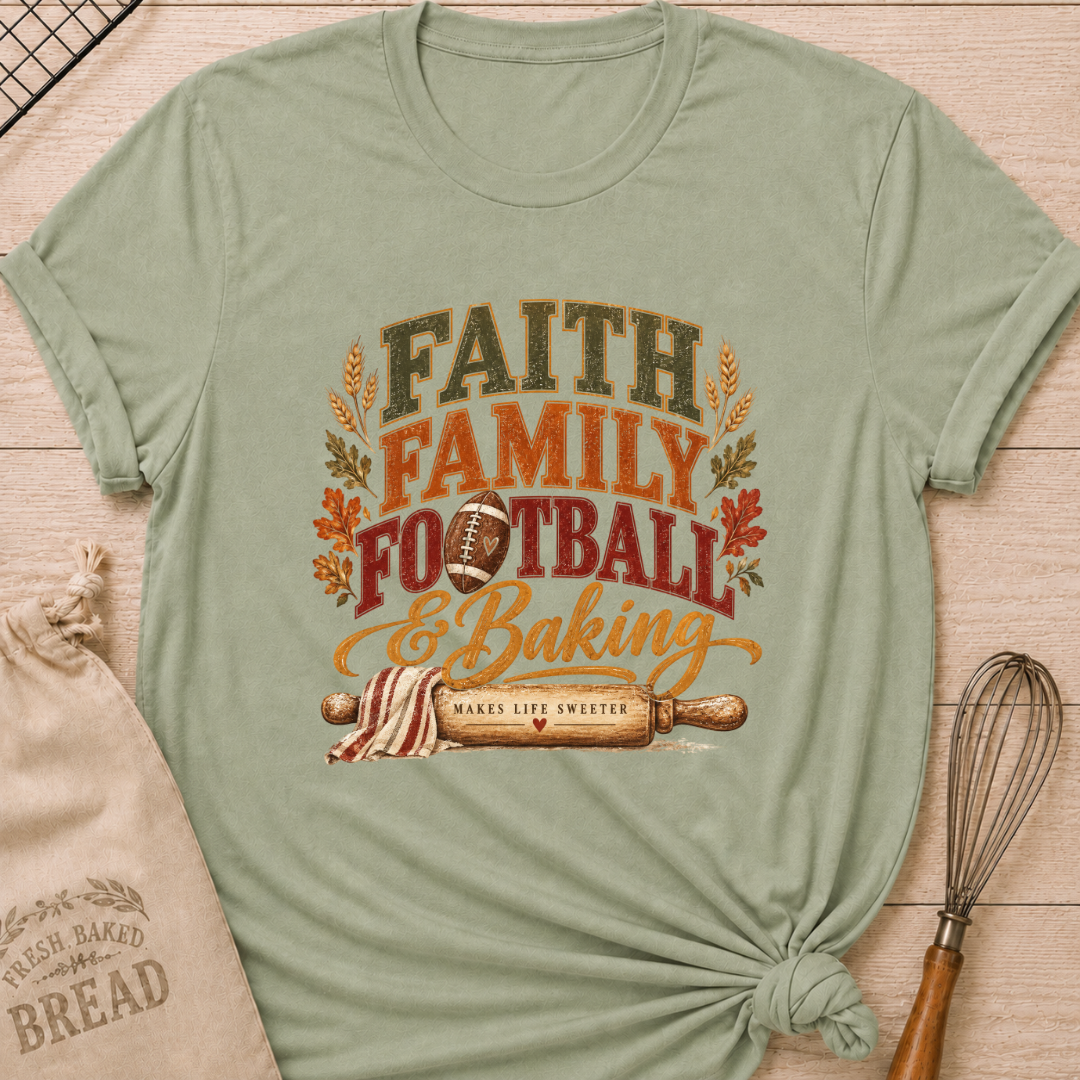 Sage women's relaxed fit tee with vintage collegiate Faith Family Football and Baking lettering above a football and a rolling pin reading Makes Life Sweeter, framed by wheat and autumn leaves